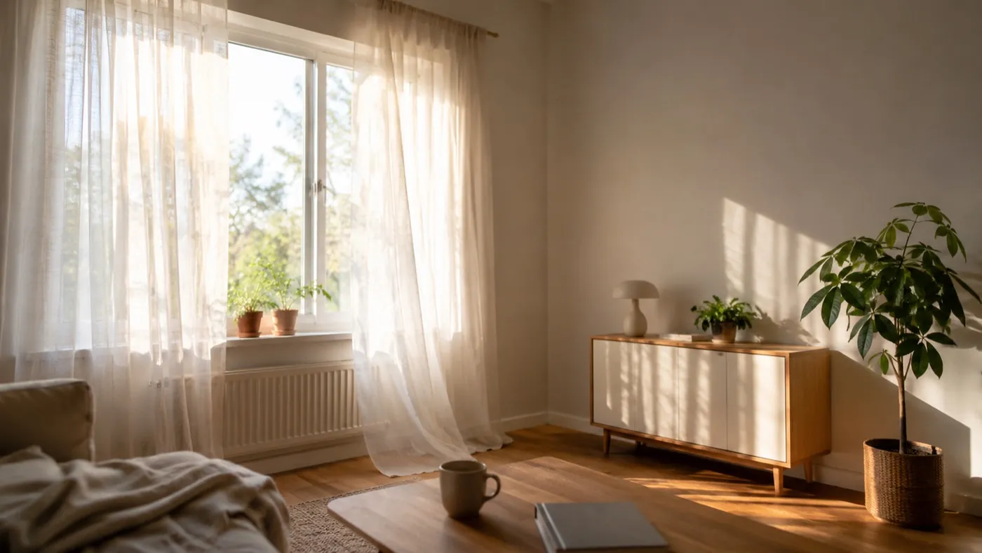 Morgenlicht fällt durch ein Fenster in ein ruhiges Wohnzimmer.